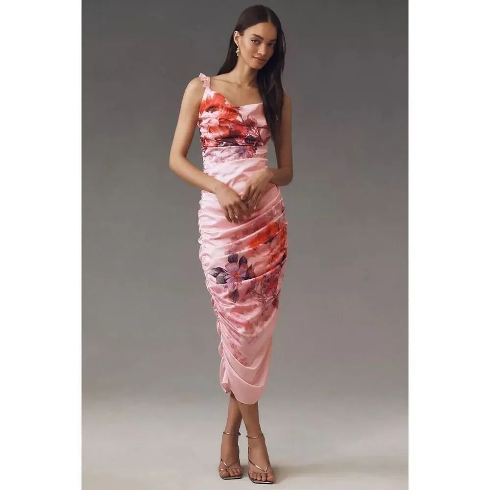BHLDN Callie Sleeveless Ruched Floral Charmeuse Midi Dress
